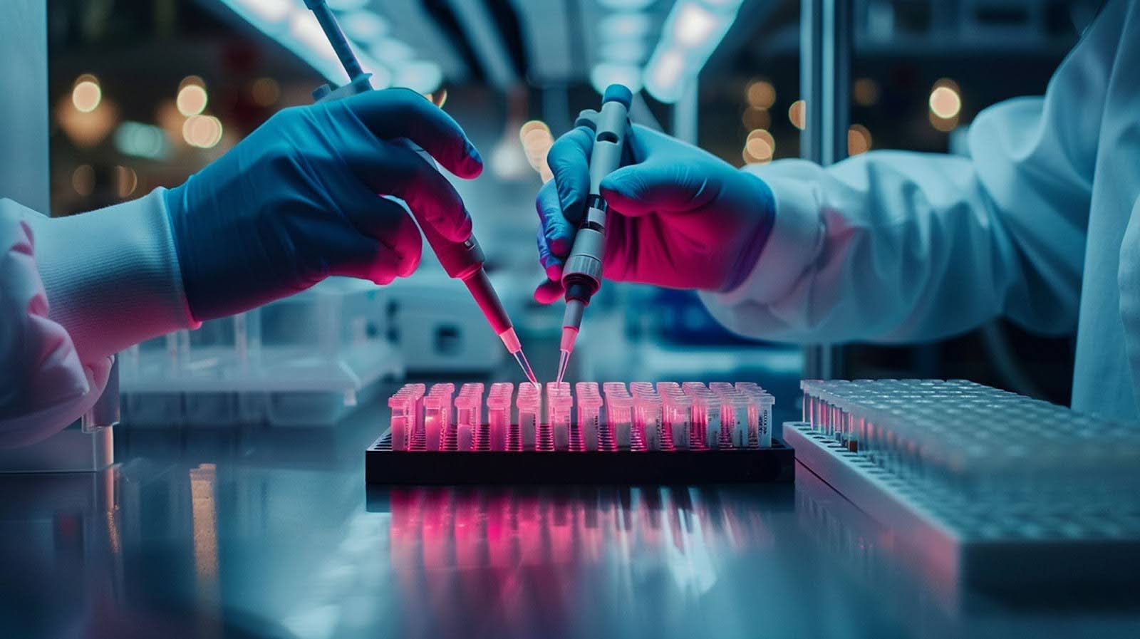 Two oncology researchers pipe samples onto a platform in 'obscurity' while they pour bright pink solutions down the side.