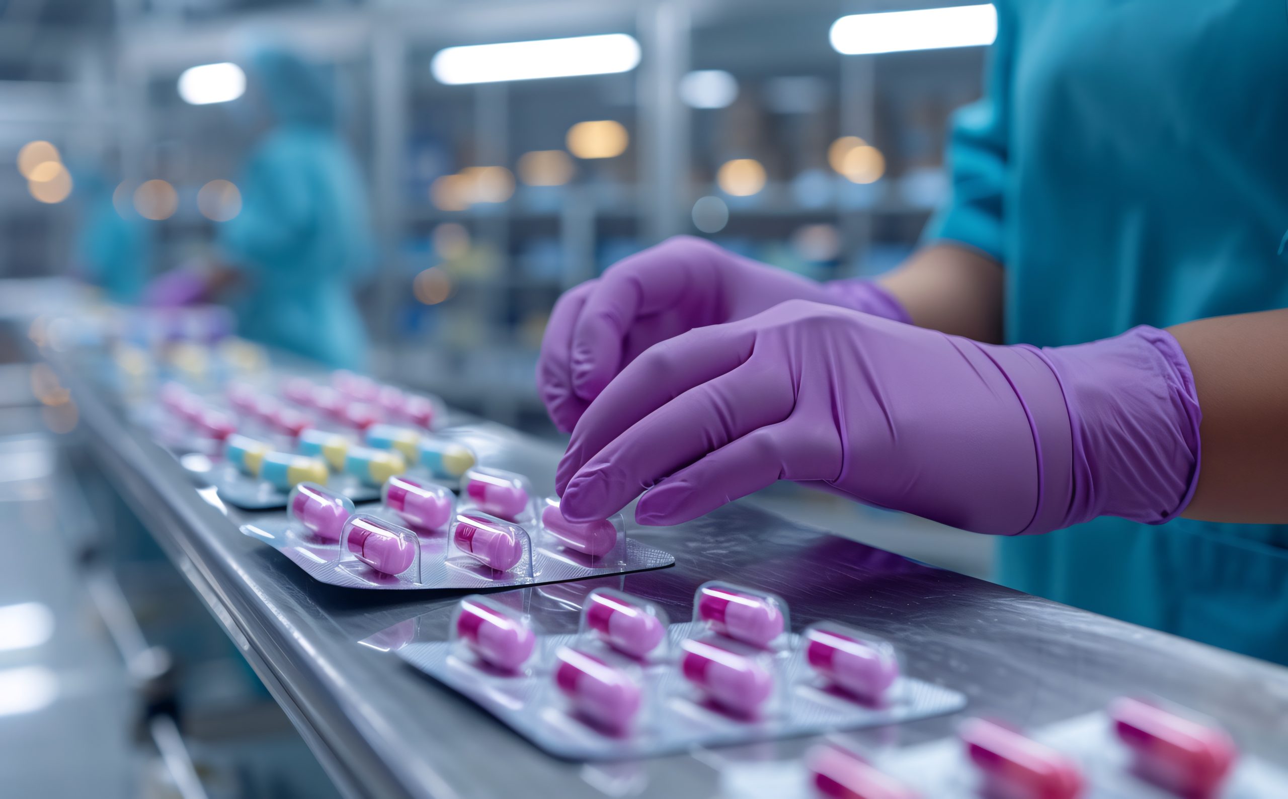 Pharmaceutical worker with purple gloves packaging pink capsules in blister packs on a production line