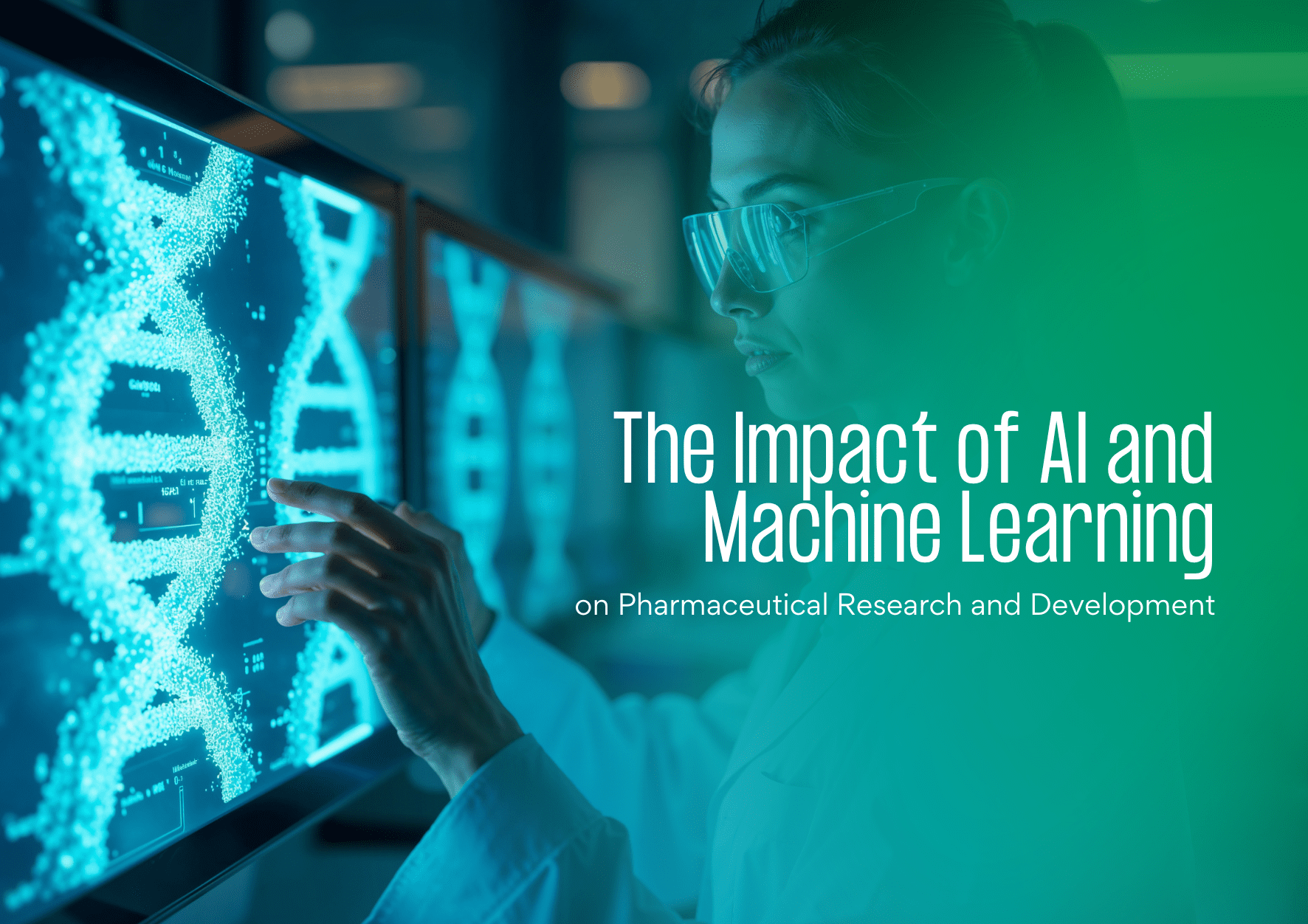 Illustration of AI and machine learning technologies transforming pharmaceutical research and drug development processes.