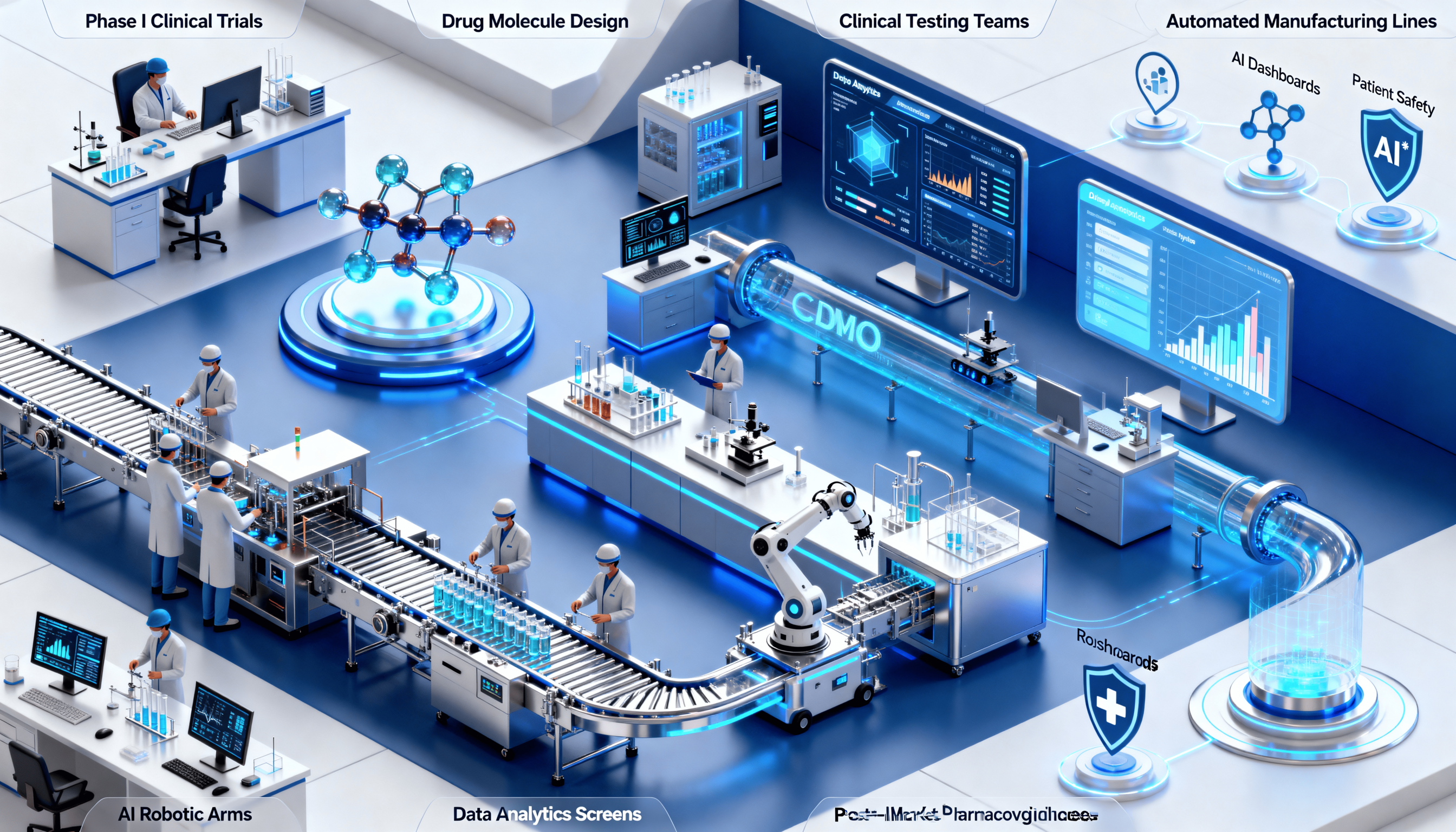 Futuristic CDMO clinical trial workflow by Pinnacle Life Science showing AI-driven drug development, GMP manufacturing, and pharmacovigilance monitoring.