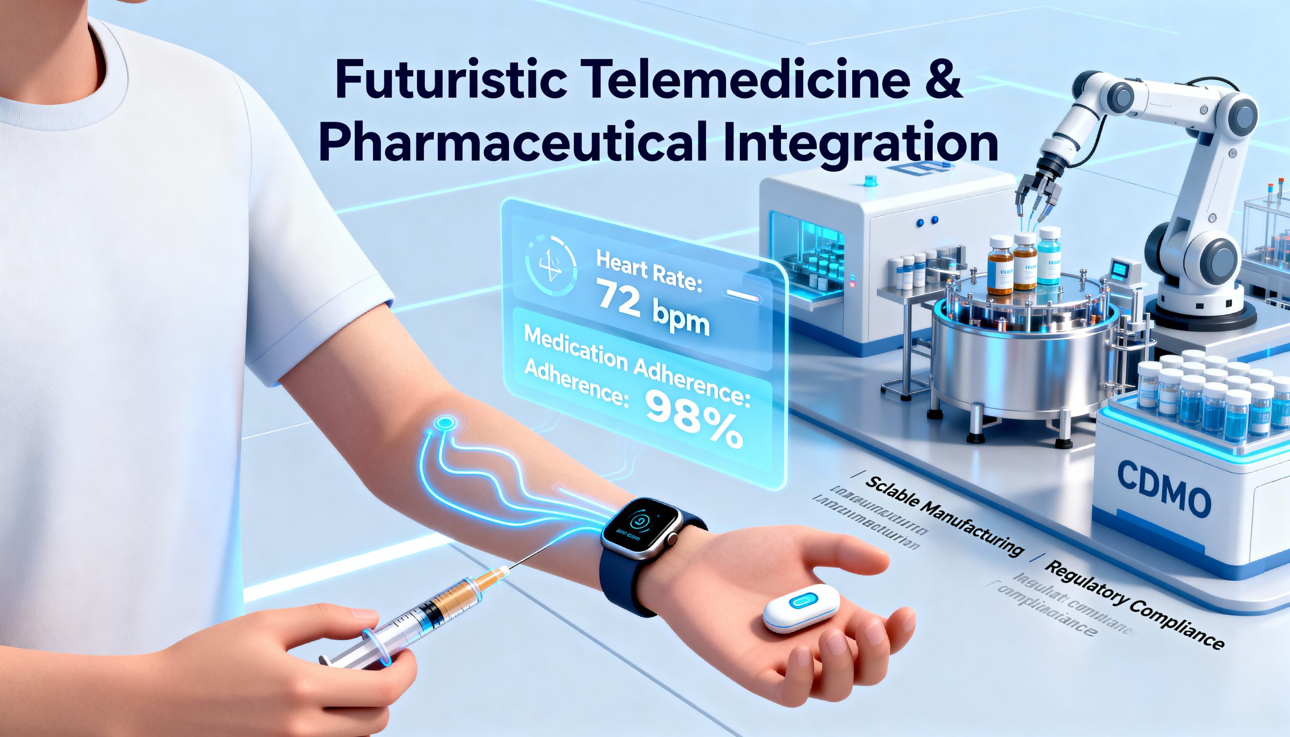 Telemedication with wearable health device, smart drug delivery, and CDMO facility supporting remote patient monitoring and connected pharmaceutical care.
