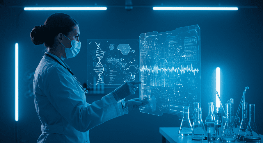 Futuristic 2026 medical lab with DNA visuals and AI screens representing the rise of precision medicine and personalized treatment.