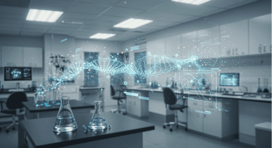 Futuristic research lab with holographic DNA and AI-driven drug design screens representing the rise of precision medicine in 2026.