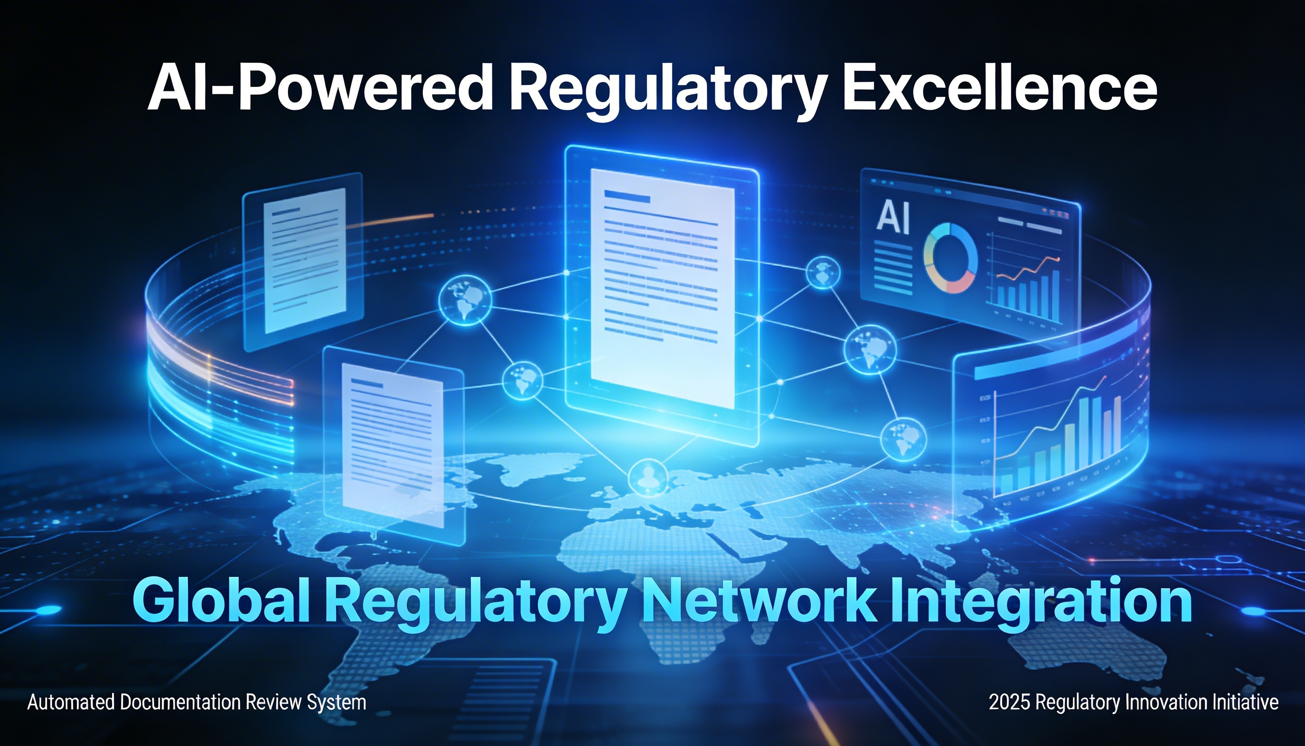Pharmaceutical regulatory services concept showing compliance documents, FDA and CDSCO approval icons, scientists in a modern lab, and global pharma approval visuals.