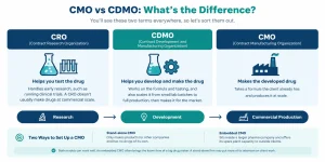 CMO vs CDMO vs CRO comparison showing research, development and manufacturing roles