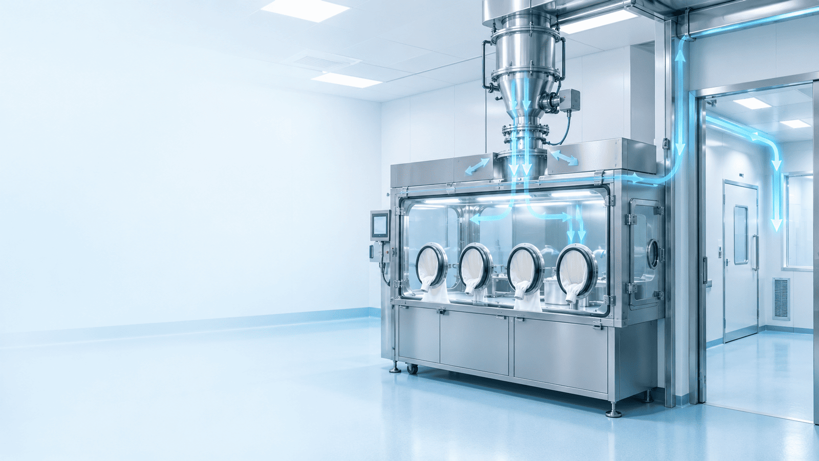 Cutaway view of an HPAPI suite showing an isolator, closed powder transfer and negative-pressure airflow
